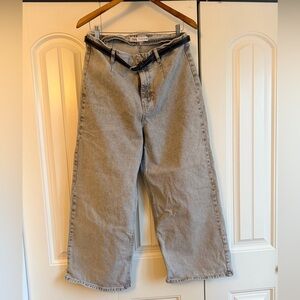 ZARA Gray Sz 12 High Waist Denim Wide Leg Crop Jean